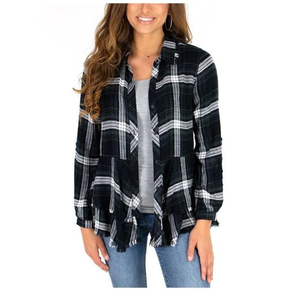 Anthropologie Cloth & Stone Black Plaid Tiered Flannel Shirt sz S Women's Top - Picture 1 of 10